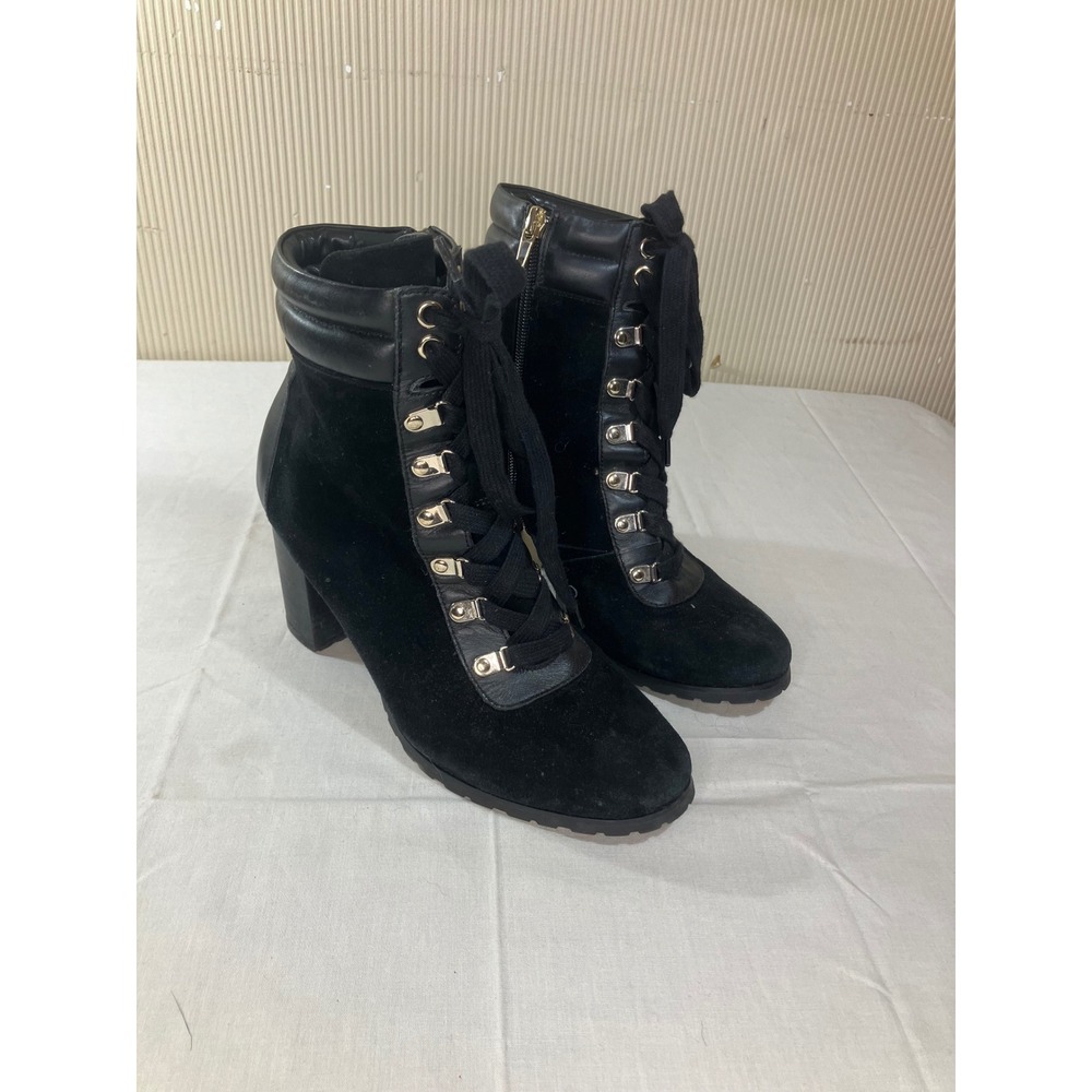 White House Black Market Black Suede Leather Lace Up Block Heel Boots 8.5M